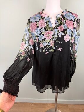 Joie Chiffon Floral Romantic Black Sheer Long-Sleeve Women's pop-over Blouse 2X